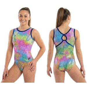 GK Elite VTG 90s Floral Bright Tie Dye Keyhole Tank Logo Leotard Size AL Adult L